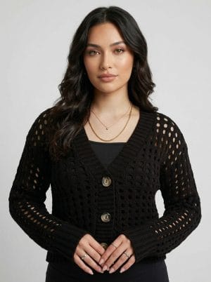 black Crochet Crop Holey Cardigan